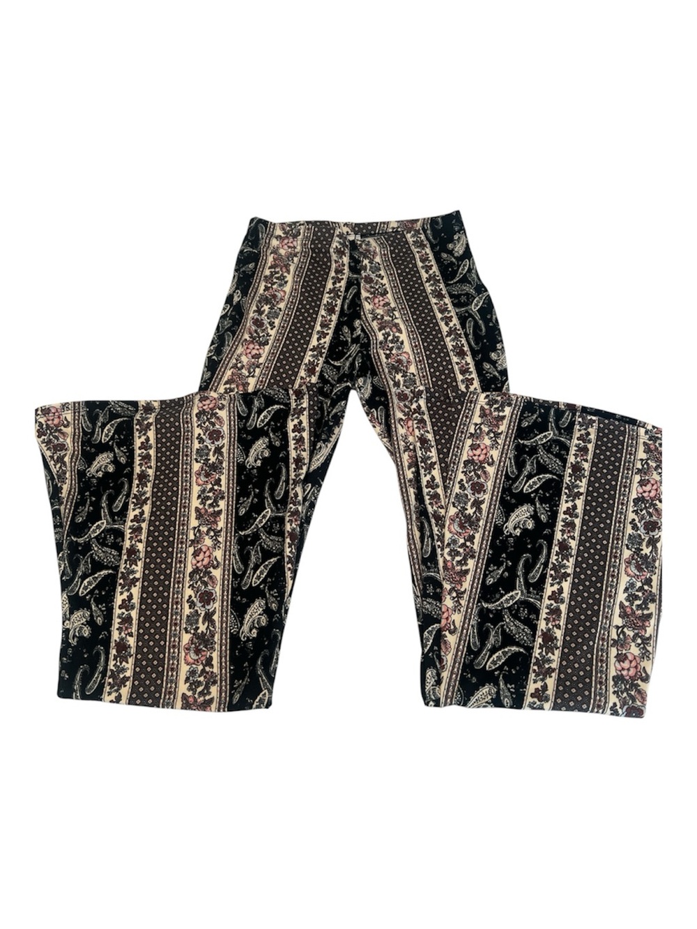 Chocolate SzS Boho Stripe Bell Bottom Pants Black & Cream Pink Accents EUC